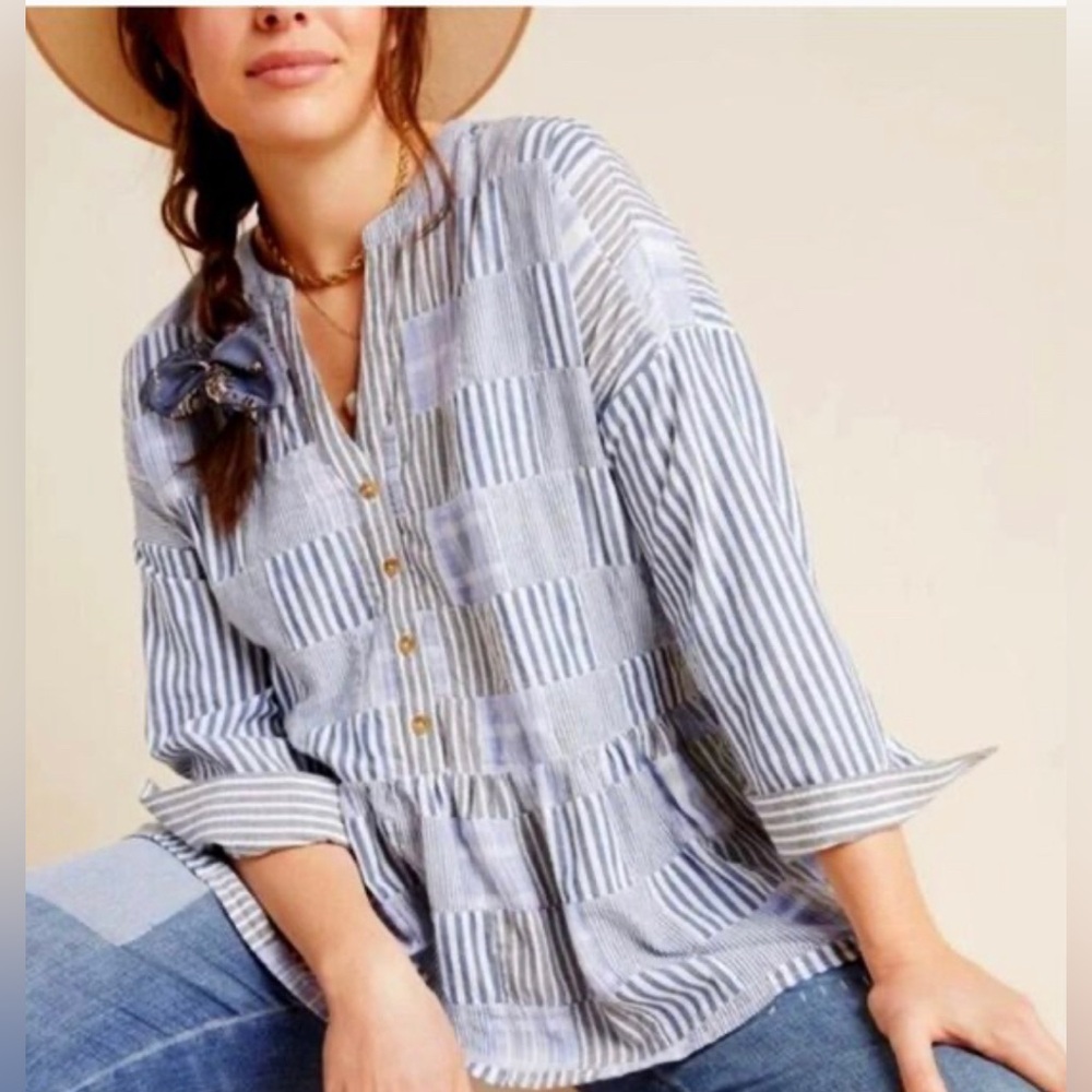Maeve Anthropologie Zoe Striped Patchwork Cotton Oversized Swing Top Size XS